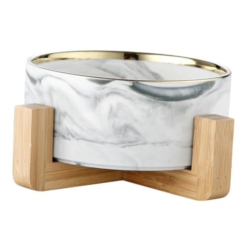 KOMBIUDA Nordische Marmor Optik Suppenschüssel mit Holzgestell Kreativer Futternapf für Katzen und Kleine Hunde Rutschfestes Design Elegantes mit Goldener Kante Komfortable Fütterung von KOMBIUDA