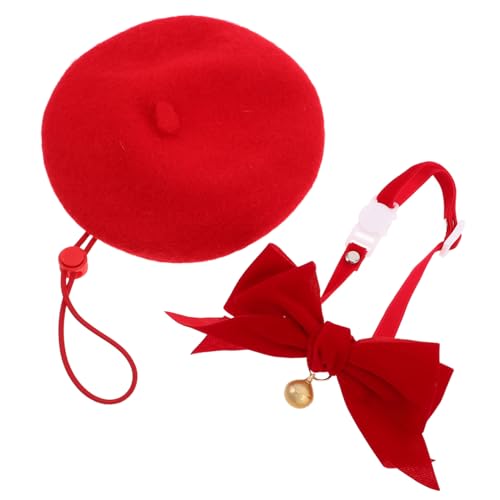 KOMBIUDA Verstellbares Katzen Hundehalsband mit Glöckchen Rotes Strick-Beret mit Schleife Süßes Haustier-Set für Kleine Hunde und Katzen für Partys Fotoshootings Alltag von KOMBIUDA