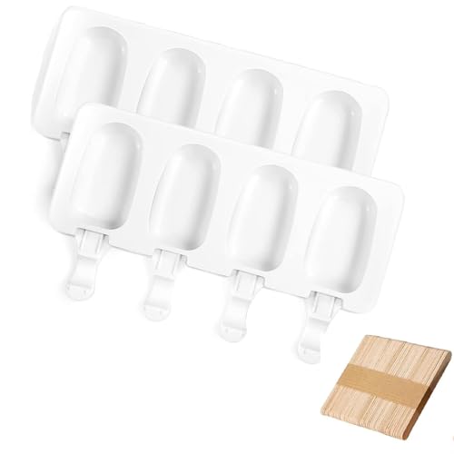 KOMUNJ 2 Stück Eisformen, 4 Fächer weiße Eiscreme mit 50 Holzstäbchen, Silikoneiskuchenform, Käse-Sticks für DIY Eis am Stiel (21,5 x 12,5 x 2 cm) von KOMUNJ