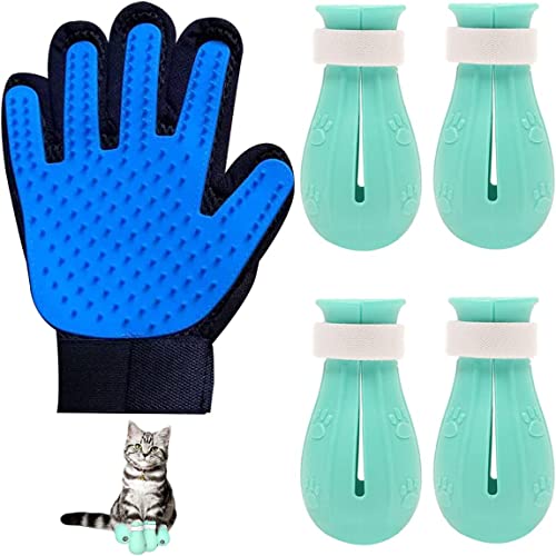 KOMUNJ 4 Pcs Einstellbar Katzenschuhe Katze Anti-Scratch Stiefel Katzen Silikon Nagelabdeckung Pfotenschutz mit 1 Pcs Haustier-Fellpflegehandschuh für Hunde Katzen KOMUNJ 4 Pcs Einstellbar Katzenschuhe Katze Anti-Scratch Stiefel Katzen Silikon Nagelabdeckung Pfotenschutz mit 1 Pcs Haustier-Fellpflegehandschuh für Hunde Katzen von KOMUNJ