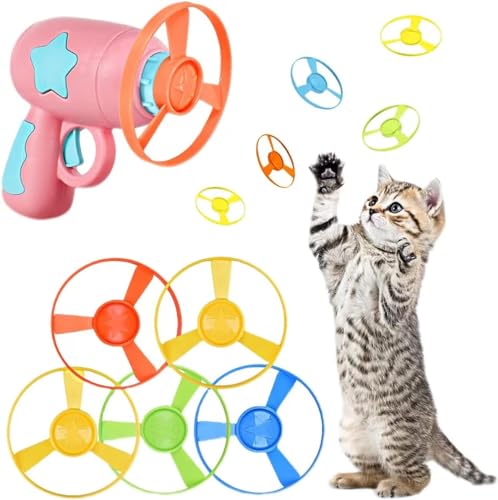 KOMUNJ Cat Fetch Toy, Propeller Disc Katzenspielzeug Chasing Untertasse mit 1 Launchers und 5 Propellers Zufällige Farbe für Interactive, Training, Jagen, Schlagen von KOMUNJ