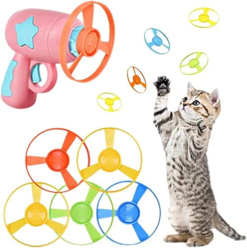 KOMUNJ Cat Fetch Toy, Propeller Disc Katzenspielzeug Chasing Untertasse mit 1 Launchers und 5 Propellers Zufällige Farbe für Interactive, Training, Jagen, Schlagen KOMUNJ Cat Fetch Toy, Propeller Disc Katzenspielzeug Chasing Untertasse mit 1 Launchers und 5 Propellers Zufällige Farbe für Interactive, Training, Jagen, Schlagen von KOMUNJ