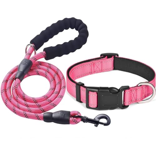 KOMUNJ Reflektierendes Hundehalsband und Leine, verstellbares Halsband, strapazierfähige Nylon-Leine für mittelgroße und große Hunde, Rosa, S von KOMUNJ