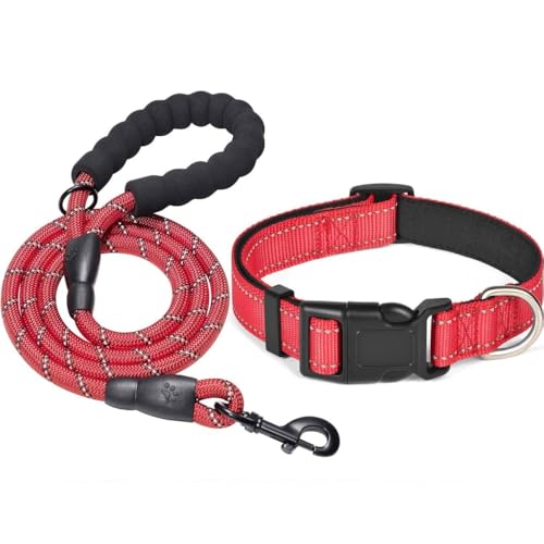 KOMUNJ Hundehalsband und Leine, reflektierendes Hundehalsband und Leine, verstellbares Halsband, strapazierfähige Nylonleine für mittelgroße und große Hunde, Rot, S von KOMUNJ