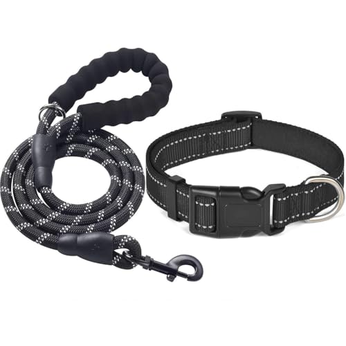 KOMUNJ Hundehalsband und Leine, reflektierendes Hundehalsband und Leine, verstellbares Halsband, strapazierfähige Nylonleine für mittelgroße und große Hunde, Eisen, L von KOMUNJ