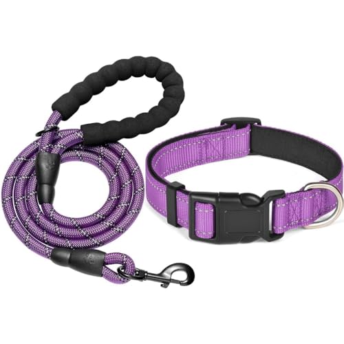 KOMUNJ Hundehalsband und Leine, reflektierendes Hundehalsband und Leine, verstellbares Halsband, strapazierfähige Nylonleine für mittelgroße und große Hunde, Lila, S von KOMUNJ