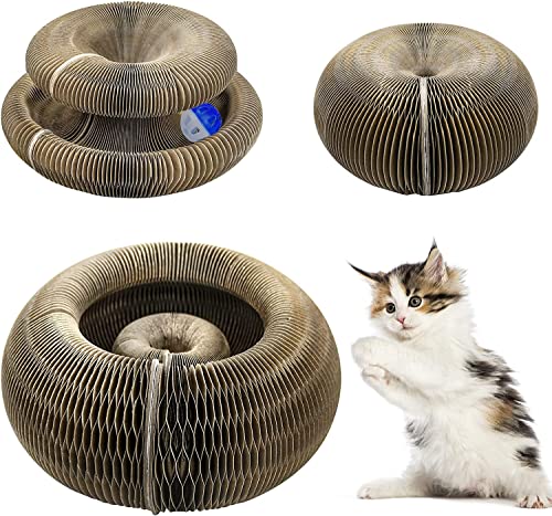 KOMUNJ Katzen Kratzbrett, 2-in-1 Kratzmatte Katze Pappe mit Glöckchen, Katzen Kratzbrett mit Ball, Katze Kratzbrett Wellpappe, Wellpappe Katze Rund von KOMUNJ