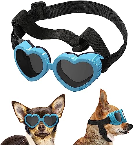 KOMUNJ Sonnenbrille für Hunde UV Schutzbrille Hundebrille Winddicht Verstellbare Hunde Herzförmige Winddichte Antibeschlagbrille, wasserdichte Hundebrille mit Einstellbarem Gummiband für Kleine Hunde - Blau von KOMUNJ