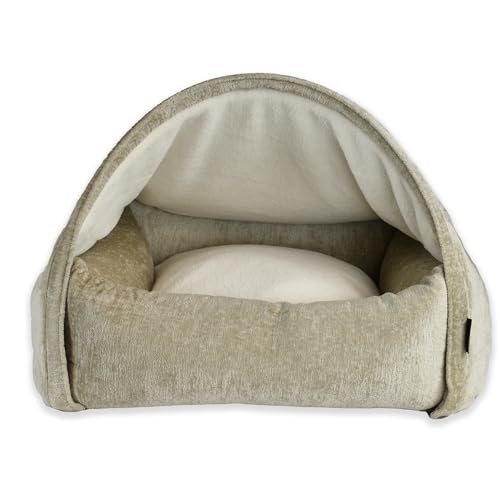 KONA CAVE Luxuriöses Kuschelhöhlenbett - Himmelbett für Katzen und Hunde - Bestes Höhlenbett - Abnehmbarer Deckel (Chenille-Samt – Beige, Klein: 65w x 55d x 40h cm) von KONA CAVE