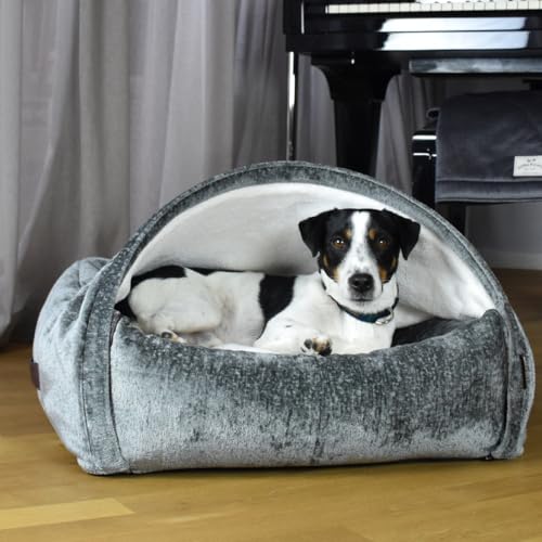 KONA CAVE Luxuriöses Kuschelhöhlenbett - Himmelbett für Katzen und Hunde - Bestes Höhlenbett - Abnehmbarer Deckel (Chenille-Samt – Grau, Klein: 65w x 55d x 40h cm) von KONA CAVE