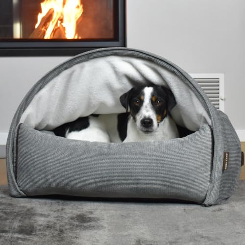 KONA CAVE Luxuriöses Kuschelhöhlenbett - Himmelbett für Katzen und Hunde - Bestes Höhlenbett - Abnehmbarer Deckel (Kordsamt - Grau, Klein: 65w x 55d x 40h cm) von KONA CAVE