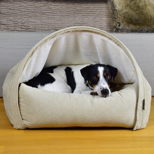 KONA CAVE Luxuriöses Kuschelhöhlenbett - Himmelbett für Katzen und Hunde - Bestes Höhlenbett - Abnehmbarer Deckel (Kordsamt – Hellbraun, Klein: 65w x 55d x 40h cm) von KONA CAVE