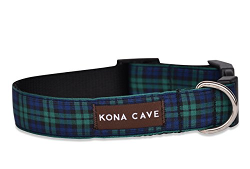 KONA CAVE Premium Hundehalsband im Schottenmuster – Mittel 34-55 cm – Blau-grün kariert von KONA CAVE