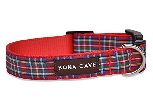 KONA CAVE Premium Hundehalsband im Schottenmuster – Mittel 34-55 cm – Rot kariert von KONA CAVE