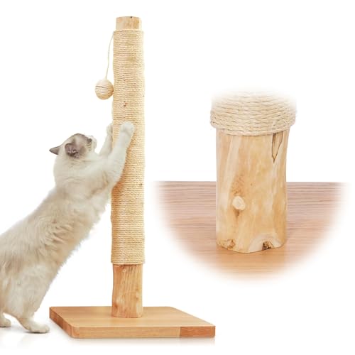 KONELCARE Premium Kratzsäule 89 cm – Aus natürlichem Birnbaumholz, Sisalseil, Gummiholzbasis mit Eichenfurnier, ideal für große Katzen, kostenloses Ersatzseil von KONELCARE