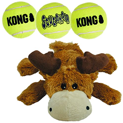 KONG Cozie Marvin Der Elch und 3 Quietsch-Luftbälle – Lustiges, interaktives Hundespielzeug – Bälle zum Apportieren & weiches, stabiles Spielzeug für drinnen – für mittelgroße Hunde von KONG