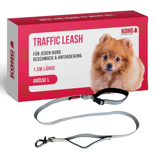 KONG Hundeleine in 1,5m Länge I Für große Hunde bis 50kg I Größe L I verkehrssichere Leine Hund in grau I Führleine reflektierend mit 2 gepolsterten Handschlaufen & robusten Karabinerhaken von KONG