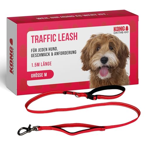 KONG Hundeleine in 1,5m Länge I Für mittelgroße Hunde bis 30kg I Größe M I verkehrssichere Leine Hund in rot I Führleine reflektierend mit 2 gepolsterten Handschlaufen & robusten Karabinerhaken von KONG