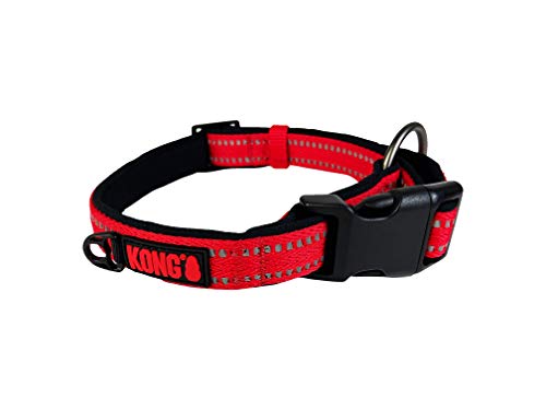 KONG Nylon Hundehalsband für große Hunde I Größe L I größenverstellbares Halsband Hund in rot I gepolstertes Halsband für Hunde mit Verschluss-Schnalle I reflektierendes Hundehalsband Nylon von KONG