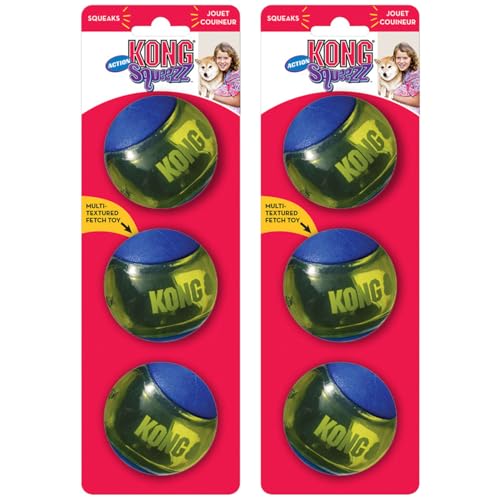 KONG Squeezz Actionball Hundespielzeug – Langlebiger Hüpfball mit integriertem Quietscher – ideal zum Apportieren und Kauen – stimuliert Spiel und Bewegung (Blau, Größe M, 6er-Pack) von KONG