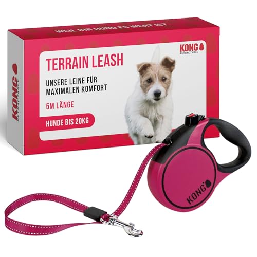 KONG ausrollbare Hundeleine in 5m Länge I Für kleine Hunde bis 20kg I Größe S I Hochwertige Rollleine mit Break & Lock System in pink I komfortable Leine mit Softgriff & reflektierendem Gurt von KONG