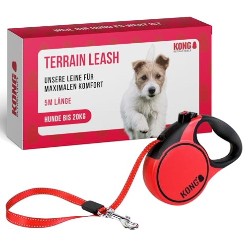 KONG ausrollbare Hundeleine in 5m Länge I Für kleine Hunde bis 20kg I Größe S I Hochwertige Rollleine mit Break & Lock System in rot I komfortable Leine mit Softgriff & reflektierendem Gurt von KONG