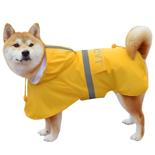 KOOGAL Große Hunde Regenjacken Mit Kapuze,Hunde Regenmantel,Mit Reflektierenden Sicherheitsstreifen, Wasserdichter Hundemackintosh, Geeignet Für Mittlere Und Große (Gelb, 2XL) von KOOGAL