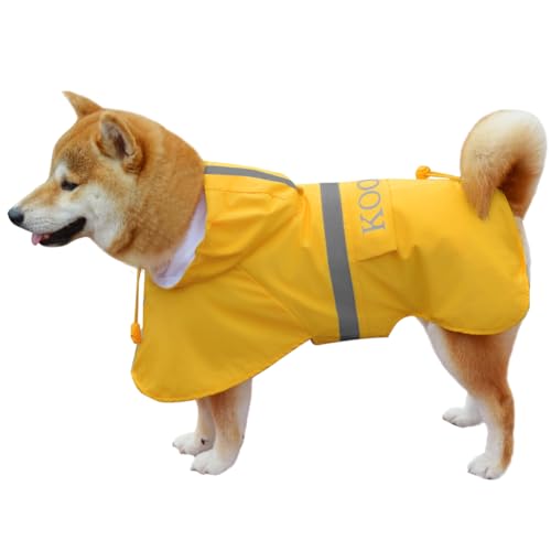 KOOGAL Große Hunde Regenjacken Mit Kapuze,Hunde Regenmantel,Mit Reflektierenden Sicherheitsstreifen, Wasserdichter Hundemackintosh, Geeignet Für Mittlere Und Große(Gelb, 3XL) von KOOGAL