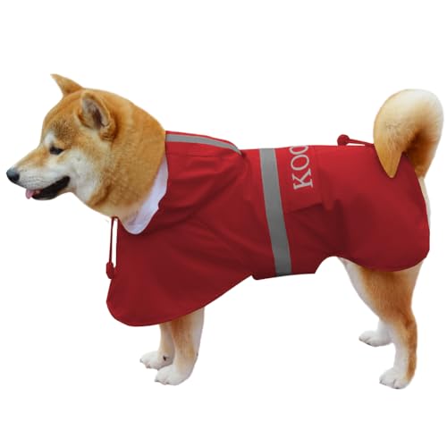 KOOGAL Große Hunde Regenjacken Mit Kapuze,Hunde Regenmantel,Mit Reflektierenden Sicherheitsstreifen, Wasserdichter Hundemackintosh, Geeignet Für Mittlere Und Große(Rot, 3XL) von KOOGAL