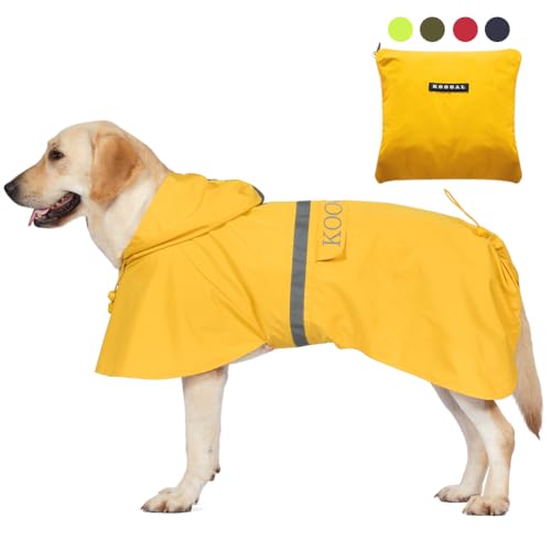 KOOGAL Große Hunde Regenjacken Mit Kapuze,Hunde Regenmantel,Mit Reflektierenden Sicherheitsstreifen, Wasserdichter Hundemackintosh, Geeignet Für Mittlere Und Große (Gelb, 4XL) von KOOGAL