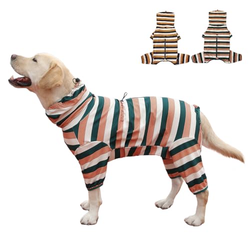 KOOGAL Hunde-Pyjama für große Hunde, extra groß, dehnbar, geeignet für Erwachsene, mittelgroße Hunde, große Haustier-Overall, vierbeinige Hundekleidung, Haustierkleidung (Gelb-Grüner Stab, Größe 2XL) von KOOGAL