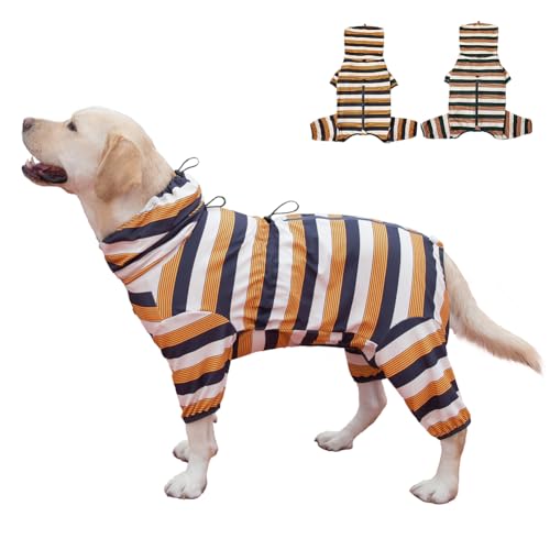KOOGAL Hunde-Pyjama für große Hunde, extra groß, dehnbar, geeignet für Erwachsene, mittelgroße Hunde, große Haustier-Overall, vierbeinige Hundekleidung, Haustierkleidung (Gelb-schwarzer Stab, Größe von KOOGAL