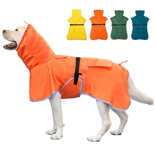 KOOGAL Hunde-Regenmantel, wasserdicht, mit Kapuze, reflektierend, verstellbar, leicht, Haustier-Regenjacke für mittelgroße und große Hunde (Orange, 6XL) von KOOGAL
