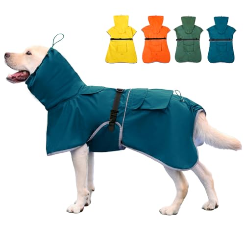 KOOGAL Reflektierender Hunde-Regenmantel, wasserdicht, verstellbar, Hundeponcho mit Kapuze, Regenmantel für mittelgroße und große Hunde, leichte Haustier-Regenjacke (Blau, L) von KOOGAL