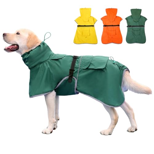 KOOGAL Wasserdichter Hunde-Regenmantel, verstellbar, mit Kapuze, für mittelgroße und große Hunde, reflektierende Hunde-Regenjacke (Grün, Größe 5XL) von KOOGAL