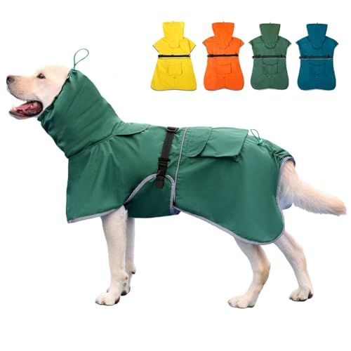 KOOGAL Wasserdichter Hunde-Regenmantel, verstellbar, mit Kapuze, zupfender Poncho, Regenmantel für mittelgroße und große Hunde, reflektierende Hunderegenjacke (Grün, XL) von KOOGAL