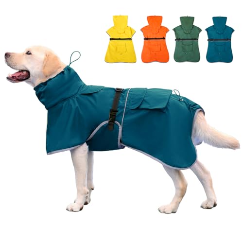 KOOGAL Wasserdichter Hunde-Regenmantel mit hohem Kragen, verstellbarer Kapuzenponcho, reflektierende Jacke für mittelgroße und große Hunde (Blau, 4XL) von KOOGAL