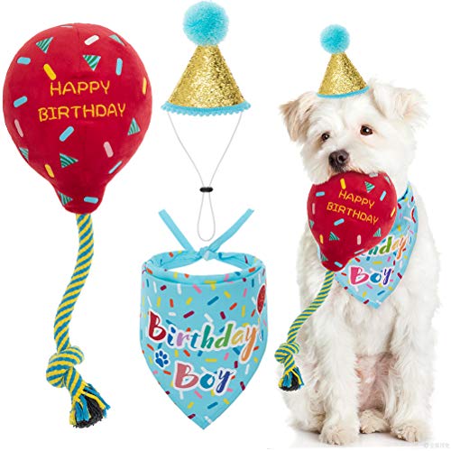 KOOLTAIL Hund Geburtstag Bandana Hut Ballon Plüsch Spielzeug Set, Niedliches Haustier Happy Birthday Zubehör Welpe Kauspielzeug für Hunde Katzen Welpen von KOOLTAIL