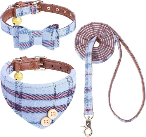 Hundehalsband und Leine mit Fliege, Set für kleine Hunde – Welpenleine Halsbänder klassisch beige kariert – verstellbare Größe mit Goldener Glocke – perfekt für mittelgroße Rassen Jungen von KOOLTAIL