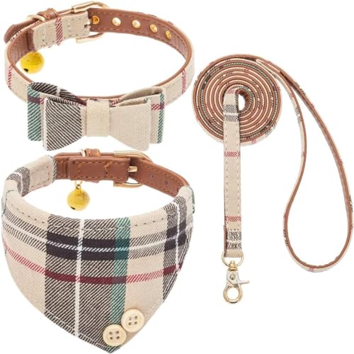 Dog Collar and Leash with Bow Tie for Small Dogs - Puppy Leash Collars Classic Beige Plaid Adjustable Size with Golden Bell, Perfect for Small Breeds and Boys von KOOLTAIL