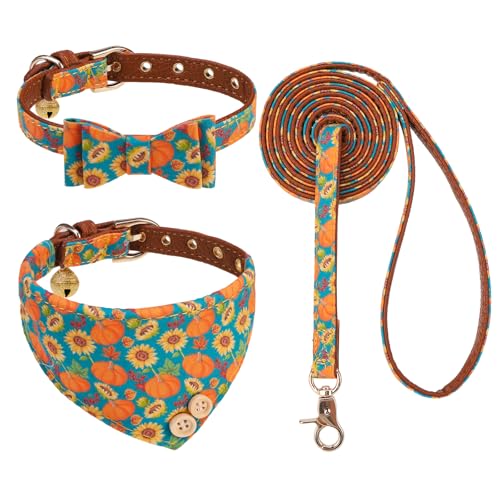 KOOLTAIL Halloween-Hundehalsband und Leine, Set mit Fliege und Glocken, Welpenhalsband, Leine für Frauen mit passendem Kürbis-Muster, weiches Leder, verhedderungsfreie Leinen für kleine Hunde, Jungen von KOOLTAIL