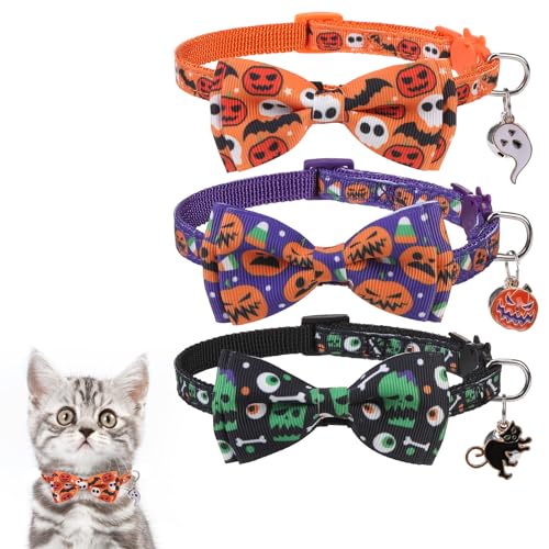 KOOLTAIL Halloween-Katzenhalsband mit Fliege und Glocken, 3 Stück, niedliche Kätzchen-Halsbänder, verstellbare Sicherheitsschnalle, Kürbis-Geist-Anhänger, Haustier-Halsbänder für Kätzchen, Jungen von KOOLTAIL