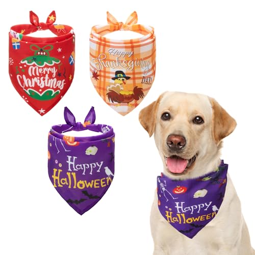 KOOLTAIL Hundehalstuch, 3 Stück, Halloween, Weihnachten, Danksagung, waschbar, Haustier-Schal, Lätzchen, Halstuch, Hundebekleidung und Zubehör für Mädchen, Jungen, kleine, mittelgroße und große Hunde von KOOLTAIL