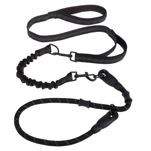 KOOLTAIL Hundeleine mit gepolsterten Doppelgriffen, strapazierfähig, kein Ziehen, reflektierend, abnehmbar, vielseitig verwendbar, für mittelgroße und große Hunde, Schwarz von KOOLTAIL