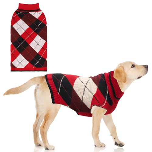 KOOLTAIL Hundepullover für Haustiere, Strickkleidung, klassischer karierter Pullover, Rollkragen, roter Fleece-Weihnachtspullover mit Loch für die Leine, dick, warm, Winterkleidung für kleine, von KOOLTAIL