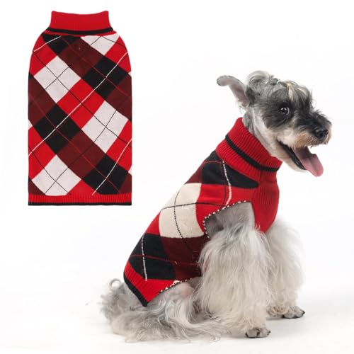 KOOLTAIL Hundepullover für Haustiere, Strickkleidung, klassischer karierter Pullover, Rollkragen, roter Fleece-Weihnachtspullover mit Loch für die Leine, dick, warm, Winterkleidung für kleine, von KOOLTAIL