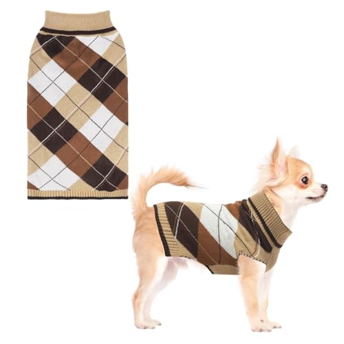 KOOLTAIL Hundepullover für Haustiere, Strickkleidung – klassischer karierter Pullover, Rollkragen, dick, warm, Herbst-Hundepullover mit Loch für die Leine, weiche Winterkleidung für kleine, von KOOLTAIL