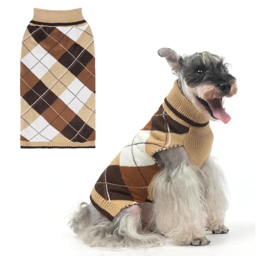 KOOLTAIL Hundepullover für Haustiere, Strickkleidung – klassischer karierter Pullover, Rollkragen, dick, warm, Herbst-Hundepullover mit Loch für die Leine, weiche Winterkleidung für kleine, von KOOLTAIL