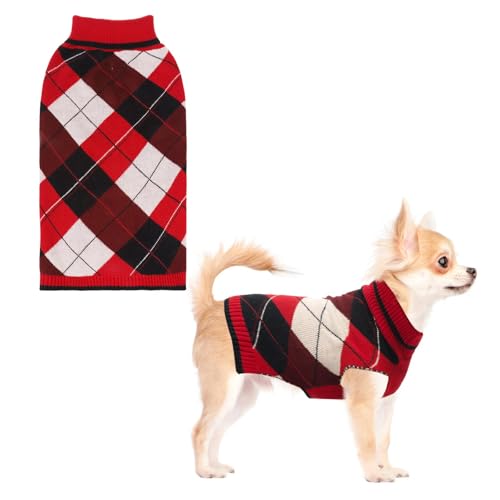 KOOLTAIL Hundepullover für kleine Hunde, gestrickte Kleidung – klassischer karierter Pullover, Rollkragen, dick, warm, Herbst-Katzenpullover mit Loch für die Leine, Winterkleidung für Chihuahua, von KOOLTAIL