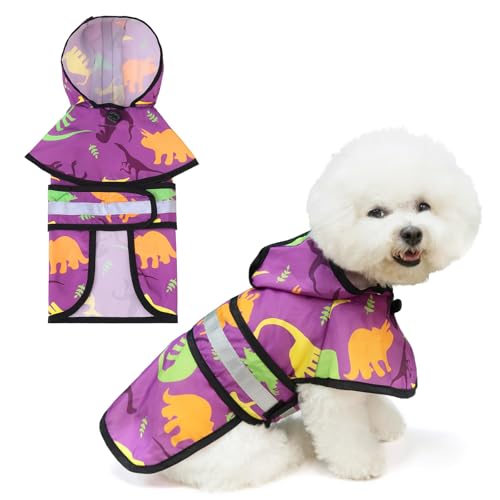 KOOLTAIL Hunde-Regenmantel – Poncho mit Kapuze und Loch für die Leine, wasserdichte Hundejacke mit reflektierenden Streifen, verstellbar, atmungsaktiv, Welpen-Regenbekleidung – Dinosaurier-Cartoon von KOOLTAIL